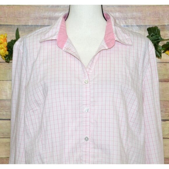 George Ladies XL 16-18 Pink Plaid Button Up Long Sleeve Blouse Top Contrast Cuff - Picture 2 of 10